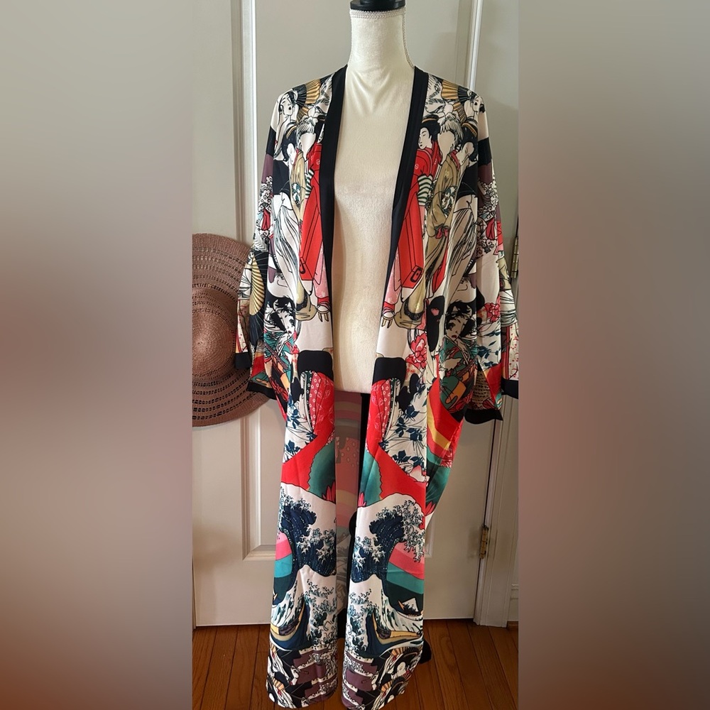 Japanese Geisha Print Kimono Duster OS NWOT